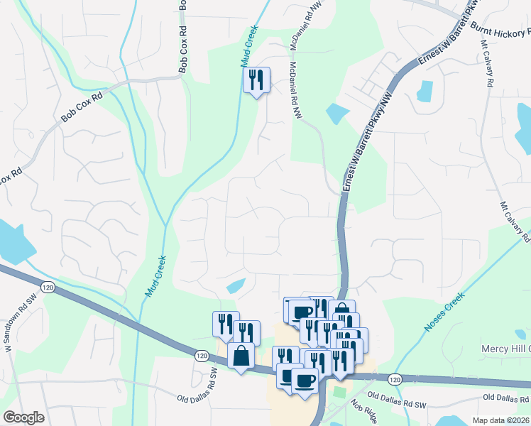map of restaurants, bars, coffee shops, grocery stores, and more near 2470 Zachary Woods Drive Northwest in Marietta