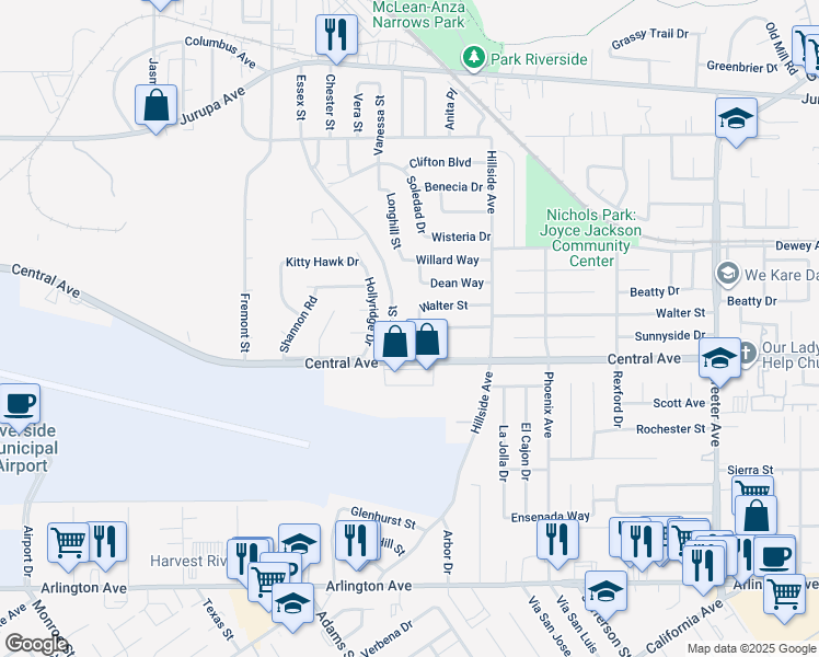 map of restaurants, bars, coffee shops, grocery stores, and more near 5834 Norman Way in Riverside