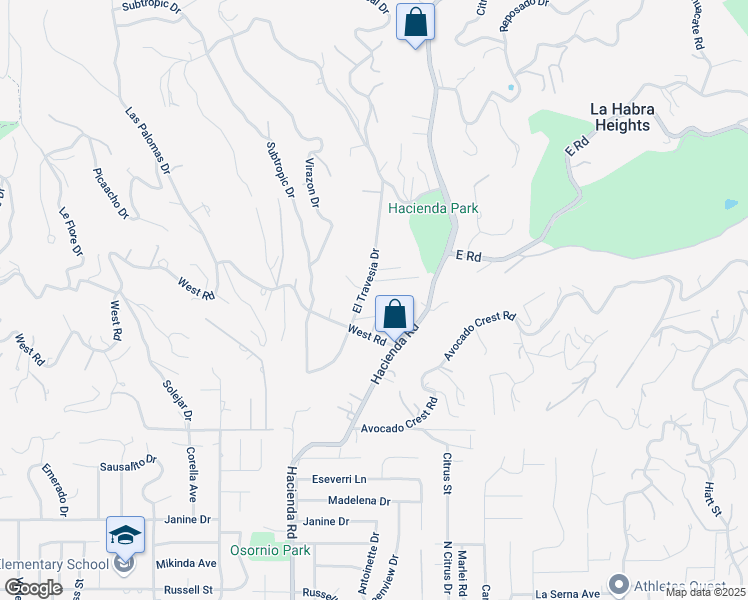 map of restaurants, bars, coffee shops, grocery stores, and more near 1623 El Travesia Drive in La Habra Heights