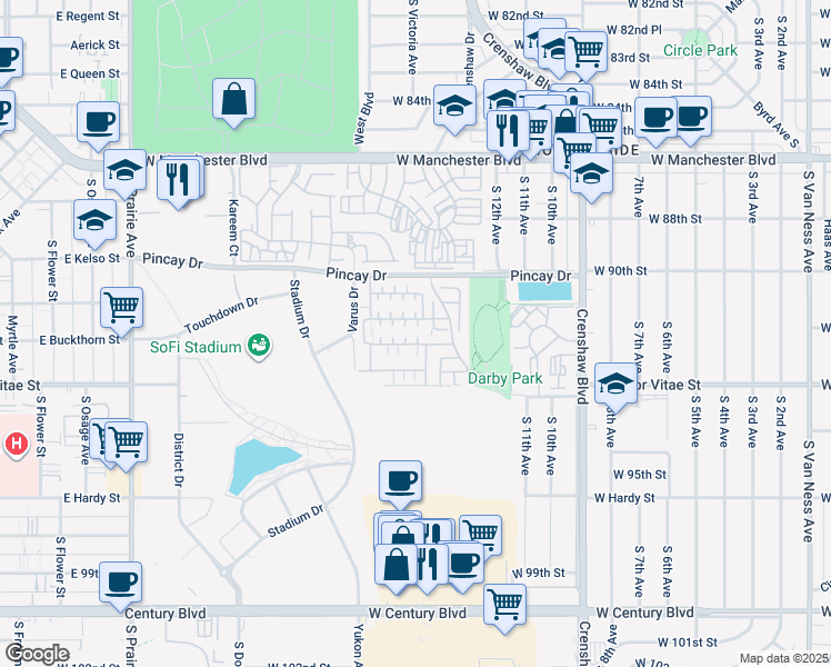 map of restaurants, bars, coffee shops, grocery stores, and more near 3613 West Luther Lane in Inglewood