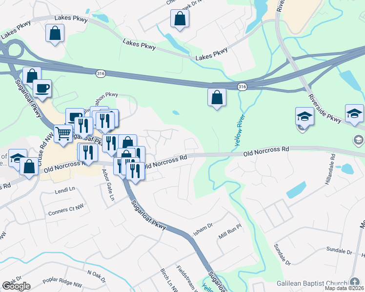 map of restaurants, bars, coffee shops, grocery stores, and more near 1533 Ballentine Drive in Lawrenceville
