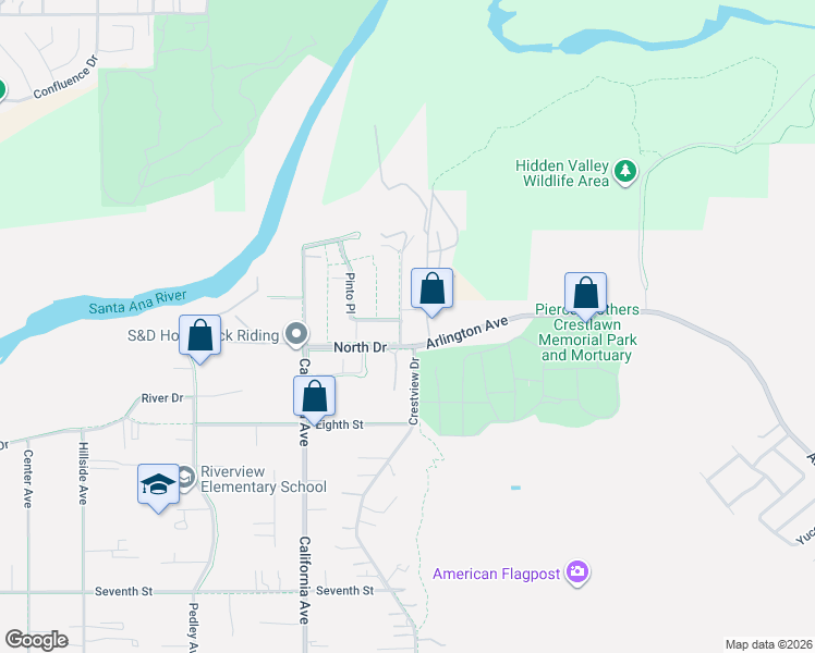map of restaurants, bars, coffee shops, grocery stores, and more near 4967 Viceroy Avenue in Norco
