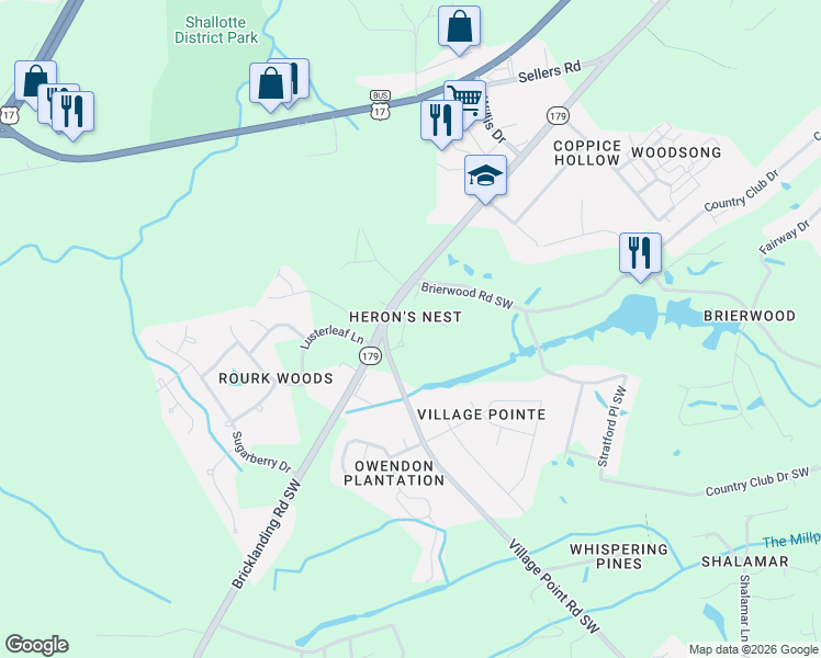 map of restaurants, bars, coffee shops, grocery stores, and more near 246 Heron Court in Shallotte