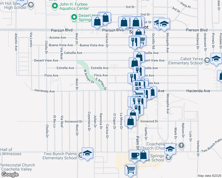 map of restaurants, bars, coffee shops, grocery stores, and more near Hacienda Avenue in Desert Hot Springs