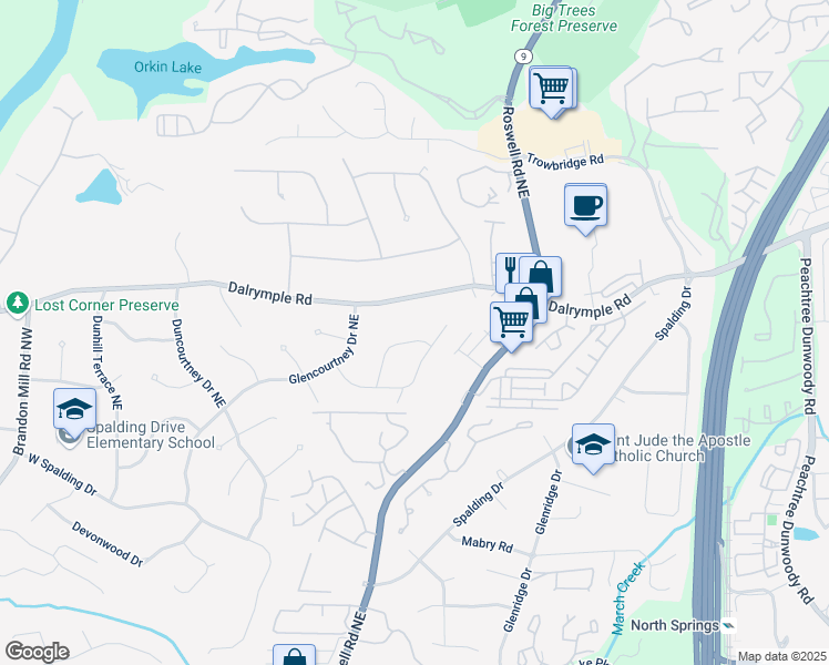 map of restaurants, bars, coffee shops, grocery stores, and more near 7310 Wynhill Drive Northeast in Atlanta