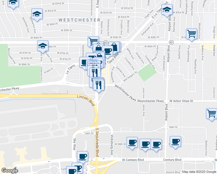 map of restaurants, bars, coffee shops, grocery stores, and more near 9107 Sepulveda Eastway in Los Angeles