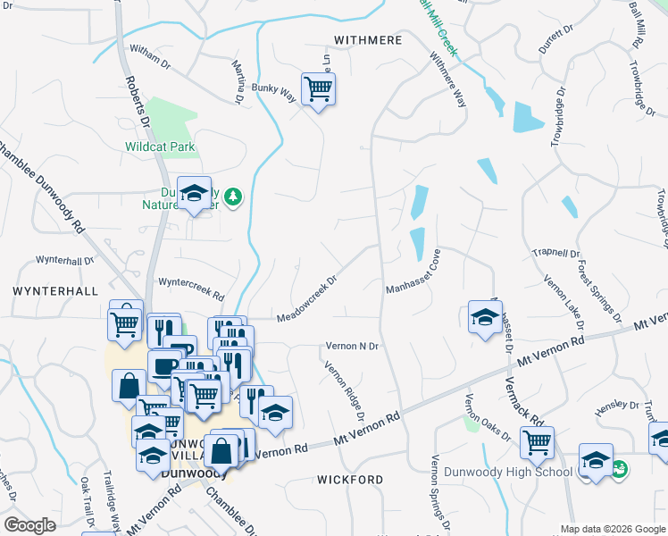 map of restaurants, bars, coffee shops, grocery stores, and more near 5258 Meadowcreek Dr in Dunwoody