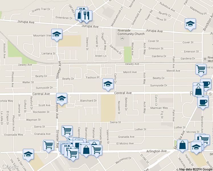 map of restaurants, bars, coffee shops, grocery stores, and more near 4955 Central Avenue in Riverside