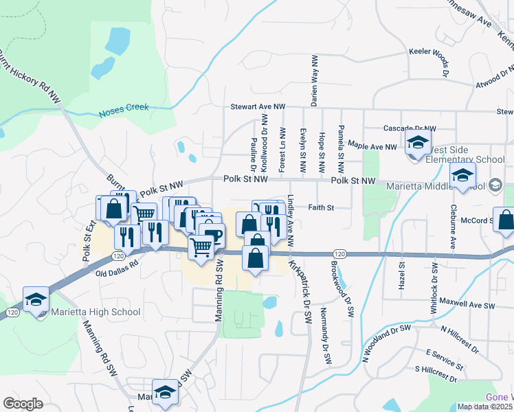 map of restaurants, bars, coffee shops, grocery stores, and more near 645 Applewood Lane in Marietta