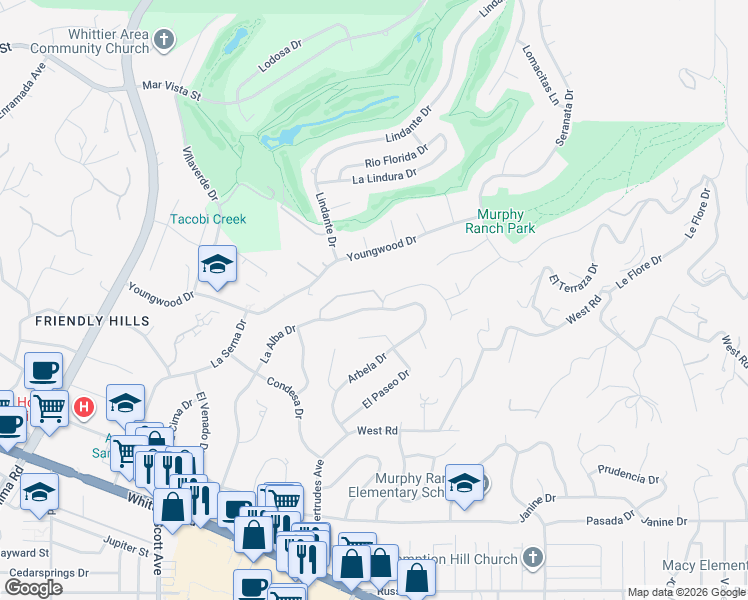 map of restaurants, bars, coffee shops, grocery stores, and more near 9104 La Alba Drive in Whittier