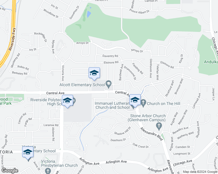 map of restaurants, bars, coffee shops, grocery stores, and more near 2433 Central Avenue in Riverside