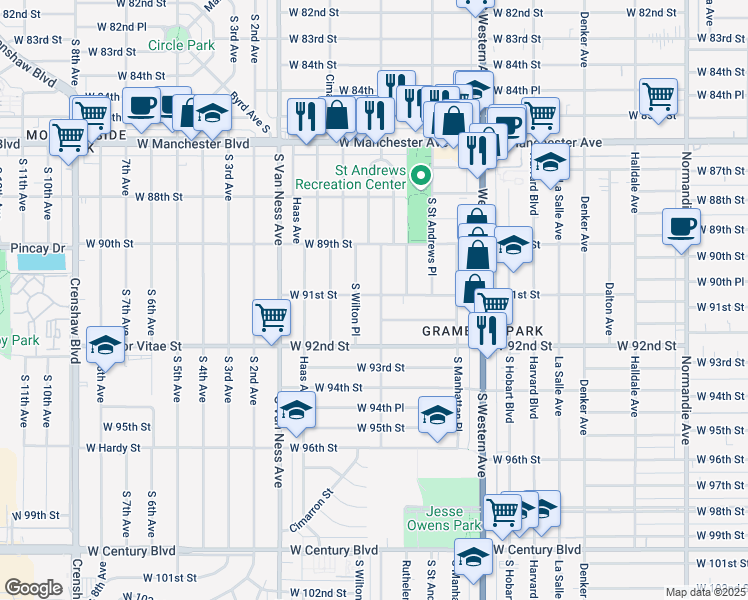 map of restaurants, bars, coffee shops, grocery stores, and more near 9117 South Gramercy Place in Los Angeles