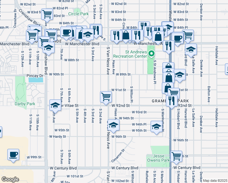 map of restaurants, bars, coffee shops, grocery stores, and more near 9101 Haas Avenue in Los Angeles