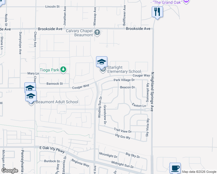map of restaurants, bars, coffee shops, grocery stores, and more near 1528 Beacon Drive in Beaumont