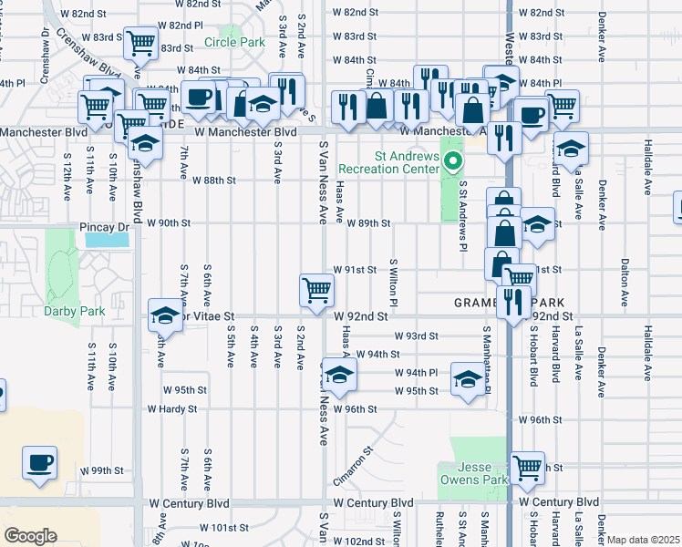 map of restaurants, bars, coffee shops, grocery stores, and more near 9101 Haas Avenue in Los Angeles