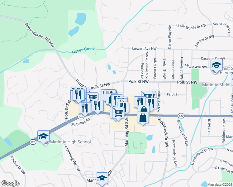 map of restaurants, bars, coffee shops, grocery stores, and more near 751 Mountain View Terrace Northwest in Marietta