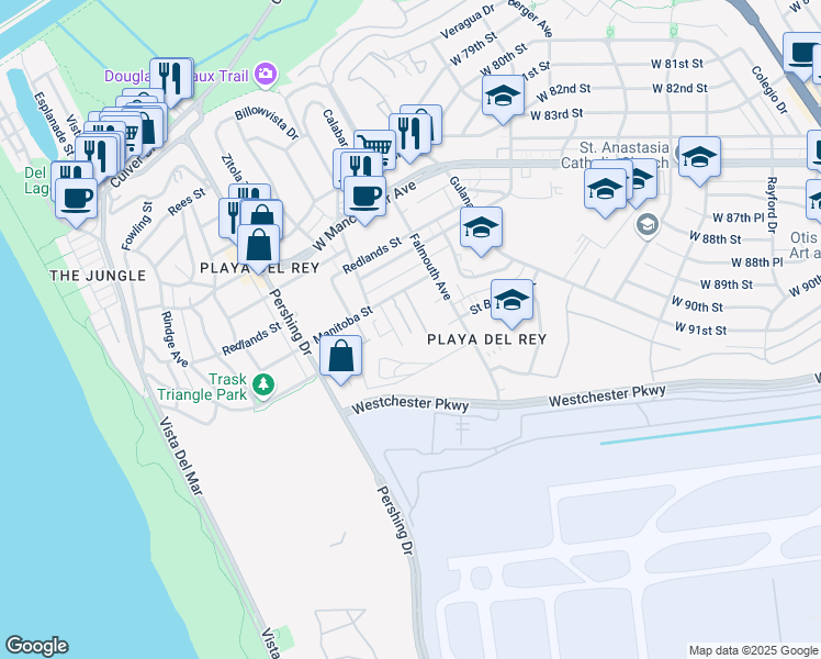 map of restaurants, bars, coffee shops, grocery stores, and more near 8160 Manitoba Street in Los Angeles