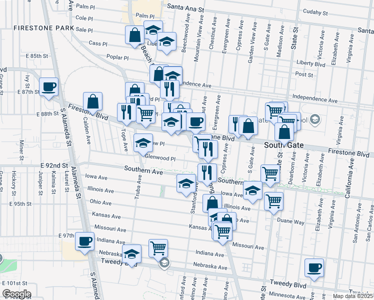 map of restaurants, bars, coffee shops, grocery stores, and more near 2826 Willow Place in South Gate