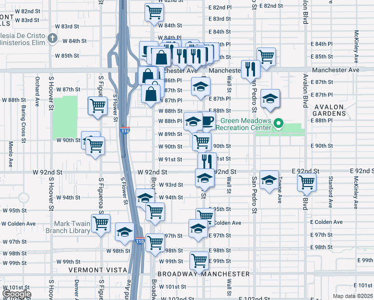 map of restaurants, bars, coffee shops, grocery stores, and more near 129 West 91st Street in Los Angeles