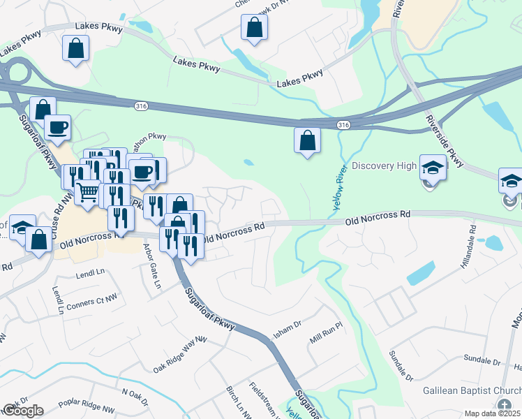 map of restaurants, bars, coffee shops, grocery stores, and more near 1538 Park Grove Drive in Lawrenceville