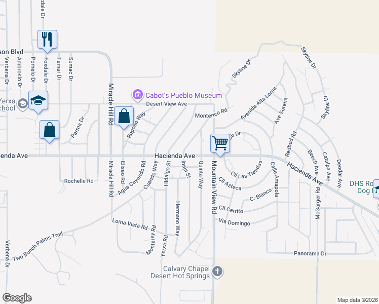 map of restaurants, bars, coffee shops, grocery stores, and more near 67856 Hacienda Avenue in Desert Hot Springs