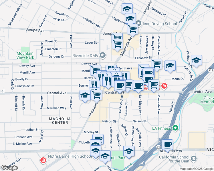 map of restaurants, bars, coffee shops, grocery stores, and more near 6500 Magnolia Avenue in Riverside