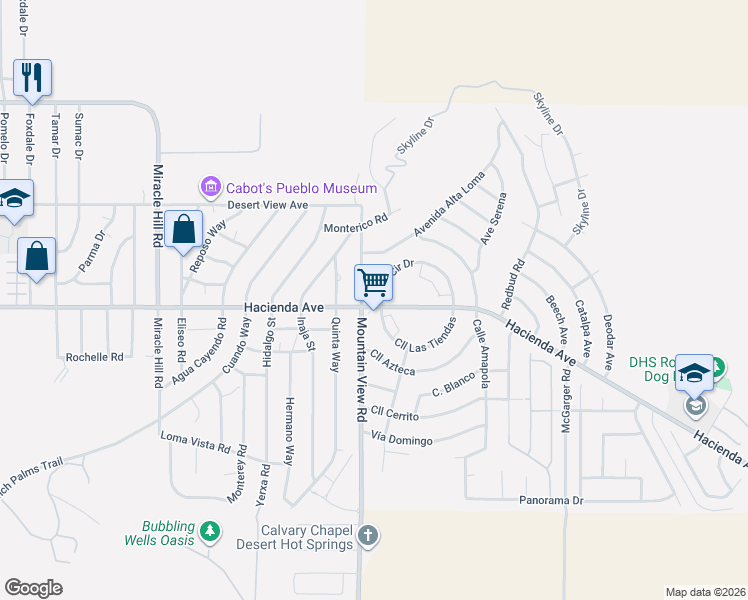 map of restaurants, bars, coffee shops, grocery stores, and more near 67998 Hacienda Avenue in Desert Hot Springs
