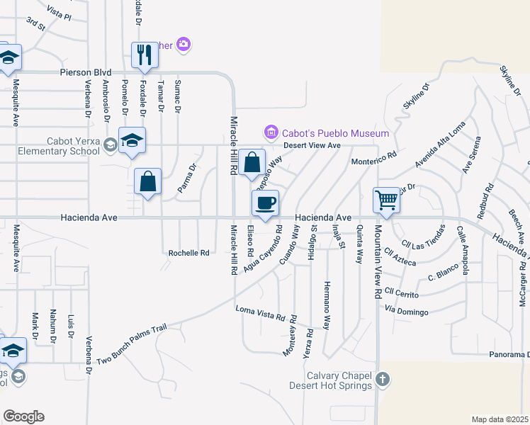 map of restaurants, bars, coffee shops, grocery stores, and more near 67585 Hacienda Avenue in Desert Hot Springs