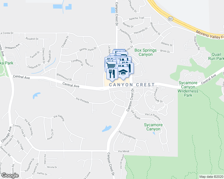 map of restaurants, bars, coffee shops, grocery stores, and more near 990 Central Avenue in Riverside