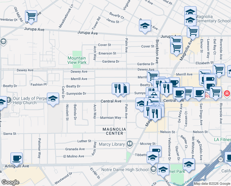 map of restaurants, bars, coffee shops, grocery stores, and more near 4538 Sunnyside Drive in Riverside
