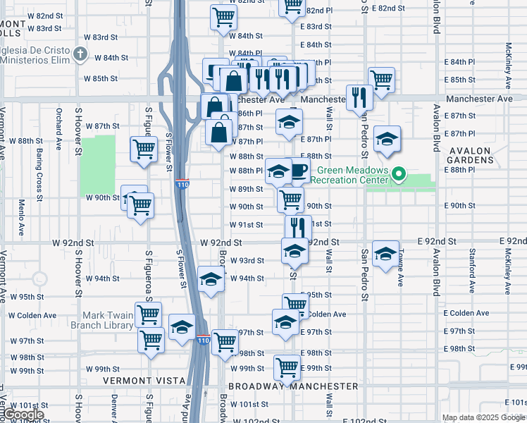 map of restaurants, bars, coffee shops, grocery stores, and more near 129 West 91st Street in Los Angeles