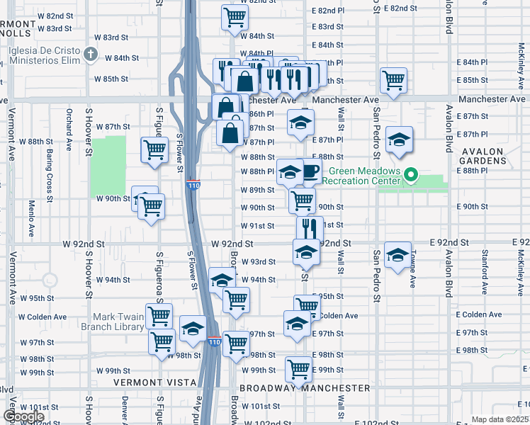 map of restaurants, bars, coffee shops, grocery stores, and more near 215 West 91st Street in Los Angeles
