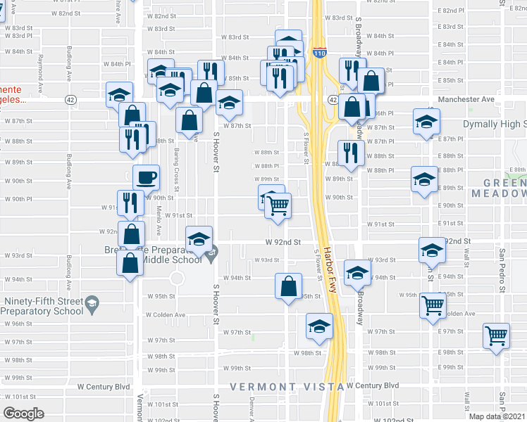 map of restaurants, bars, coffee shops, grocery stores, and more near 538 West 91st Street in Los Angeles
