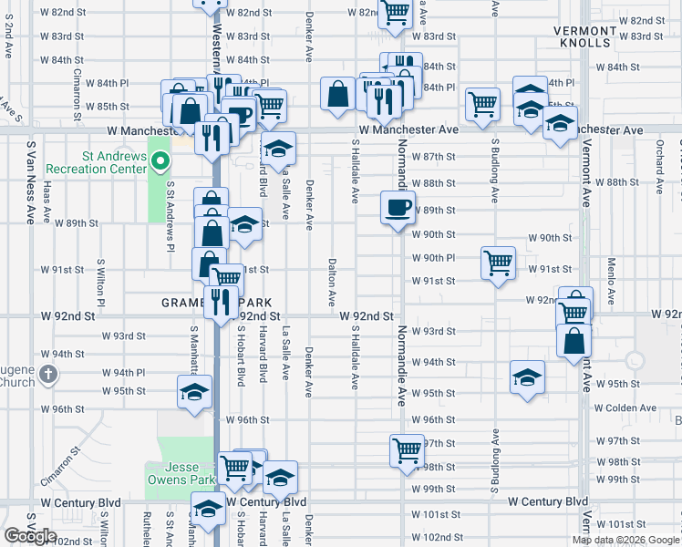 map of restaurants, bars, coffee shops, grocery stores, and more near 9116 Dalton Avenue in Los Angeles