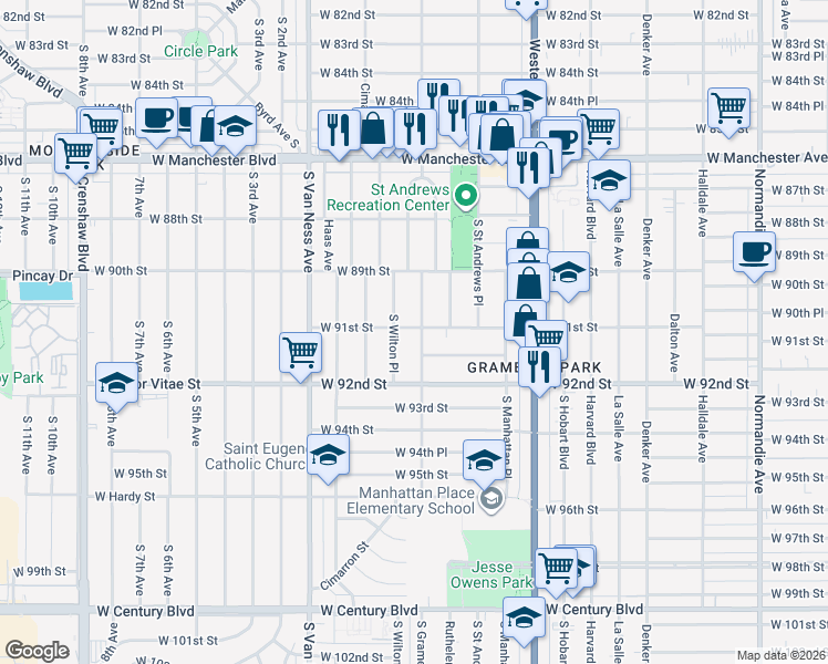 map of restaurants, bars, coffee shops, grocery stores, and more near 9117 South Gramercy Place in Los Angeles