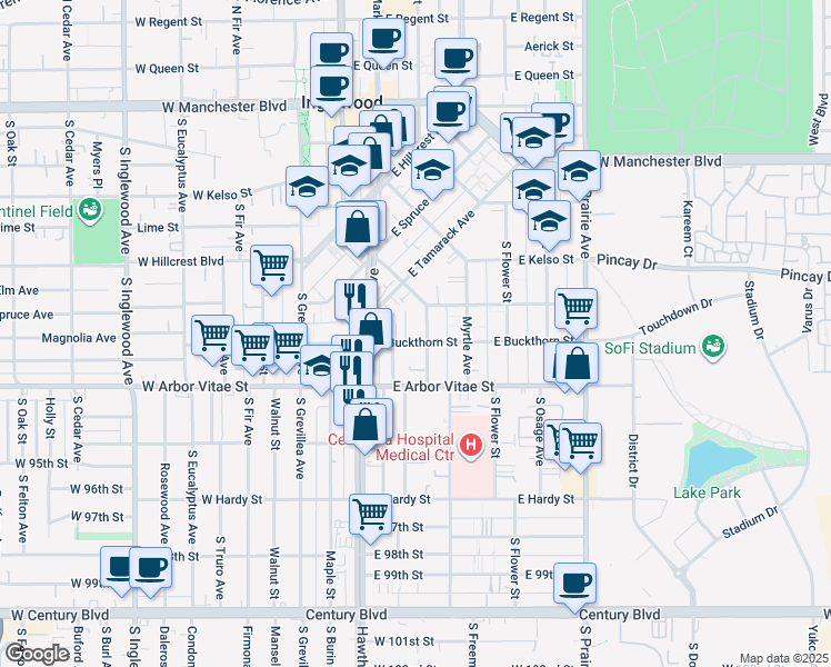 map of restaurants, bars, coffee shops, grocery stores, and more near 300 East Buckthorn Street in Inglewood