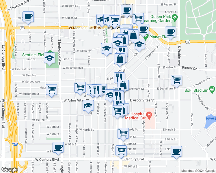 map of restaurants, bars, coffee shops, grocery stores, and more near 104 East Buckthorn Street in Inglewood