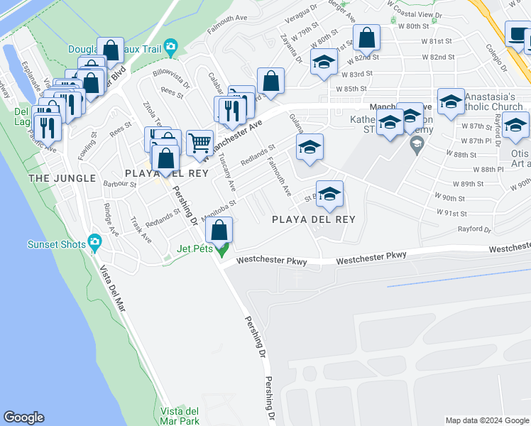 map of restaurants, bars, coffee shops, grocery stores, and more near 8160 Manitoba Street in Los Angeles