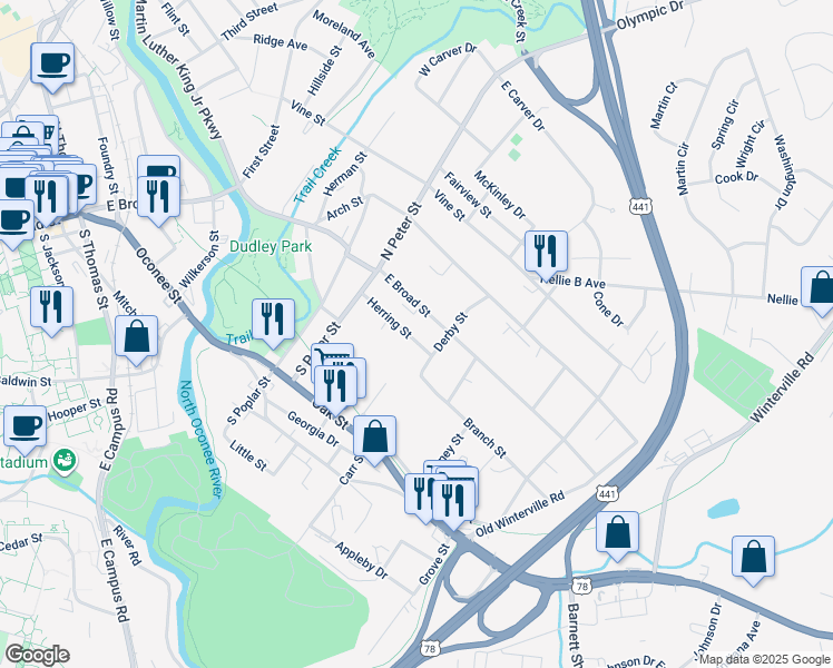 map of restaurants, bars, coffee shops, grocery stores, and more near 185 Herring Street in Athens