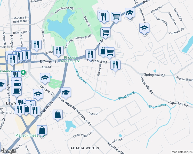 map of restaurants, bars, coffee shops, grocery stores, and more near 193-209 Ezzard Street in Lawrenceville