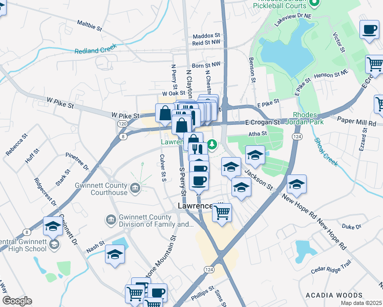 map of restaurants, bars, coffee shops, grocery stores, and more near 42 South Clayton Street in Lawrenceville