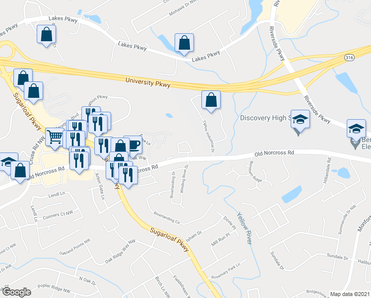 map of restaurants, bars, coffee shops, grocery stores, and more near 1533 Ballentine Drive in Lawrenceville