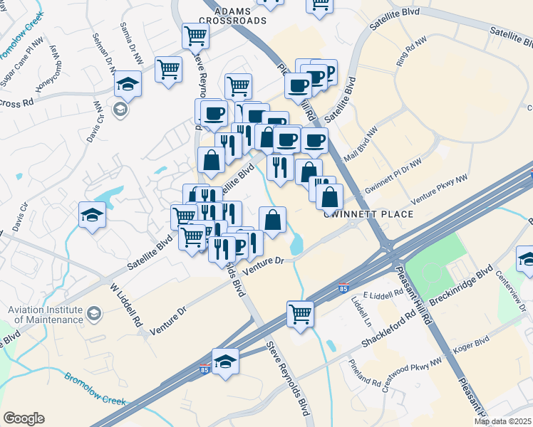 map of restaurants, bars, coffee shops, grocery stores, and more near 3775 Venture Drive in Duluth