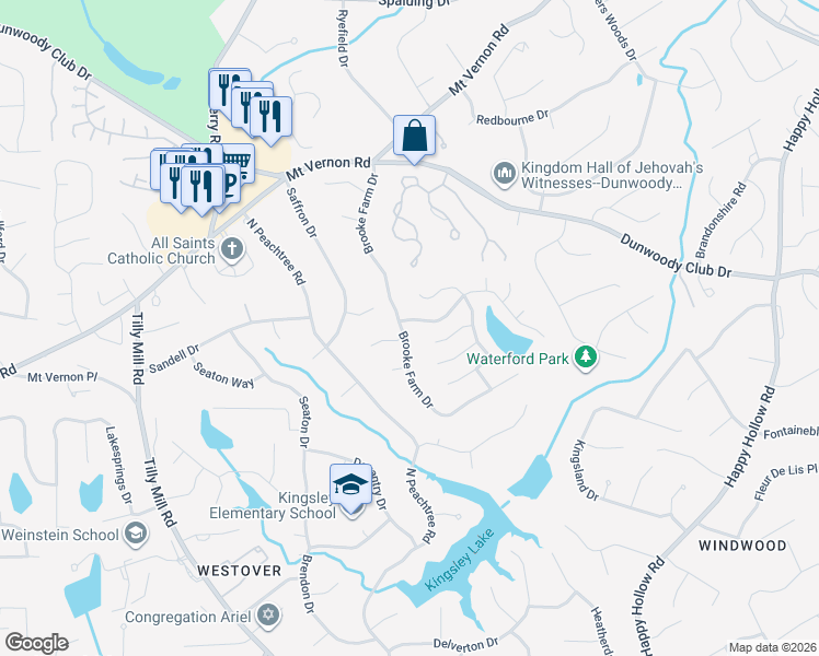 map of restaurants, bars, coffee shops, grocery stores, and more near 5273 Brooke Farm Drive in Dunwoody