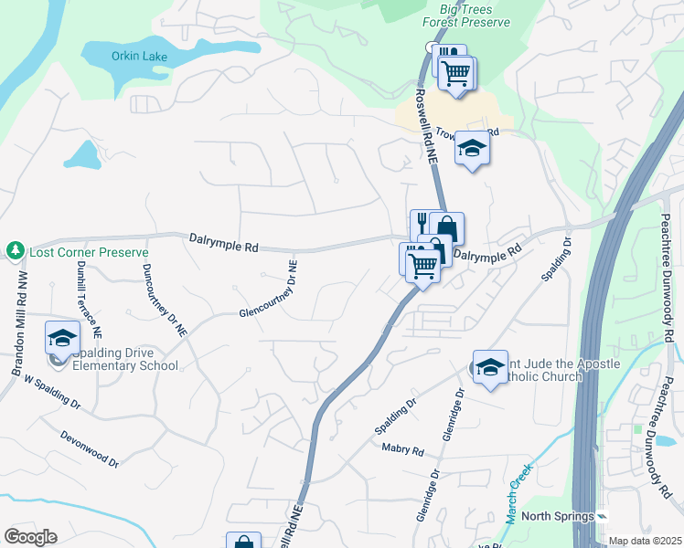 map of restaurants, bars, coffee shops, grocery stores, and more near 7310 Wynhill Drive Northeast in Atlanta