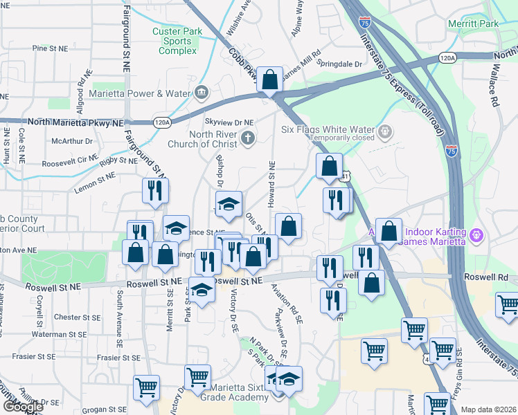 map of restaurants, bars, coffee shops, grocery stores, and more near 774 Richard Street Northeast in Marietta