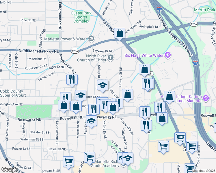 map of restaurants, bars, coffee shops, grocery stores, and more near 774 Richard Street Northeast in Marietta