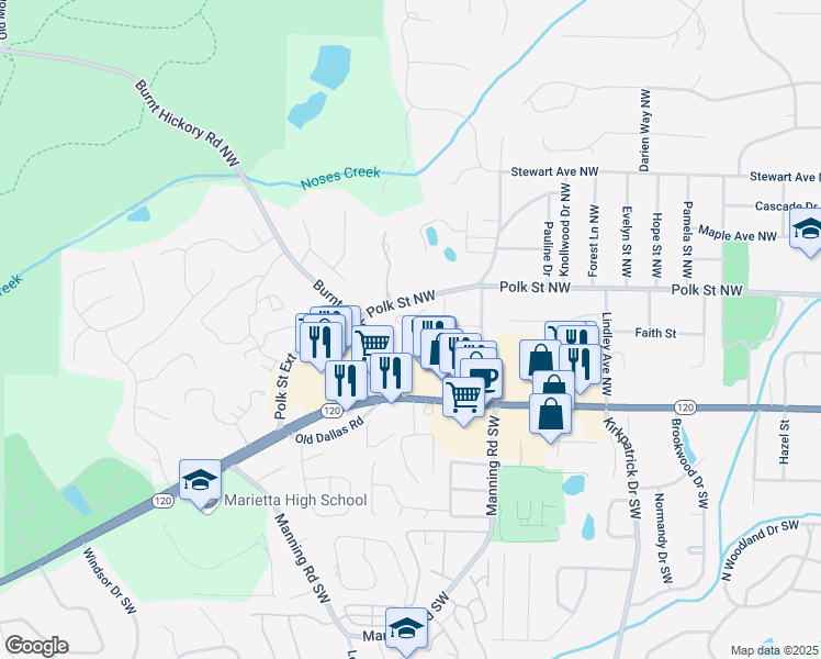 map of restaurants, bars, coffee shops, grocery stores, and more near 960 Wemberley Lane in Marietta