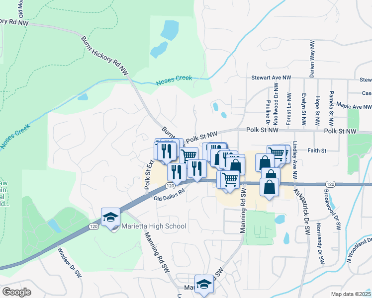 map of restaurants, bars, coffee shops, grocery stores, and more near 18 Whitlock Avenue Northwest in Marietta
