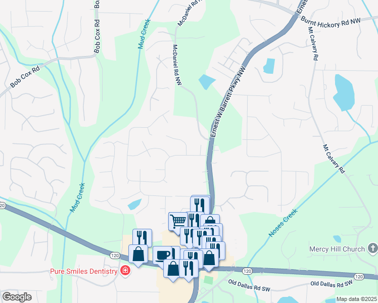 map of restaurants, bars, coffee shops, grocery stores, and more near 2458 Zachary Woods Drive Northwest in Marietta